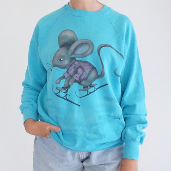Vintage Bassett-Walker Turquoise Skiing Mouse Graphic Winter Sweatshirt L - Picture 1 of 9